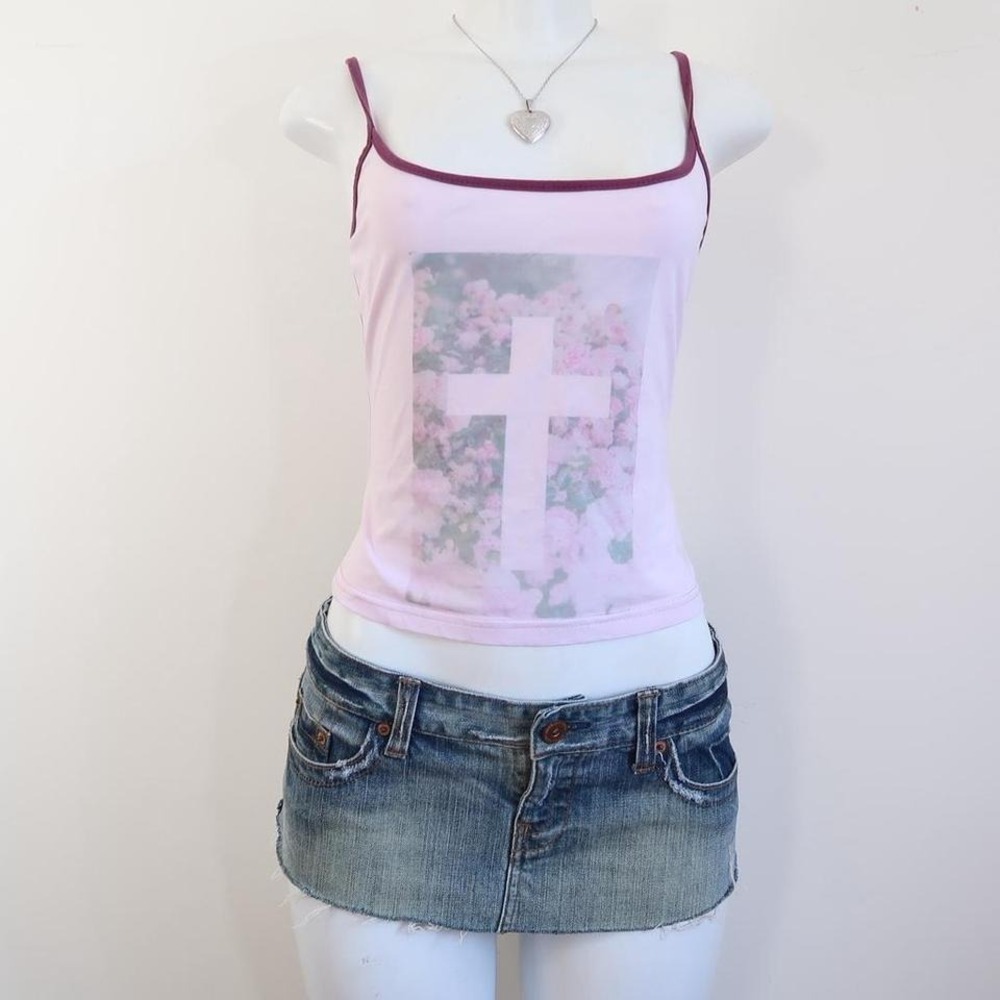 y2k pink floral cross cami ribbed spaghetti strap